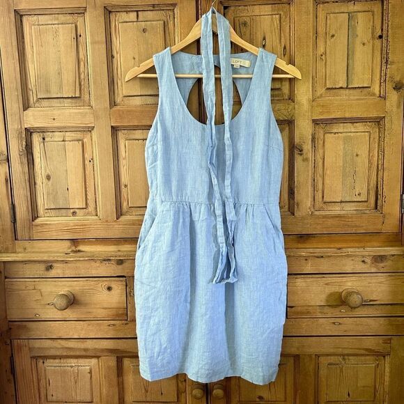 Ann Taylor LOFT Size 2 Blue Linen‎ Tank Dress Open Back Classic Pockets Belted - Picture 4 of 11
